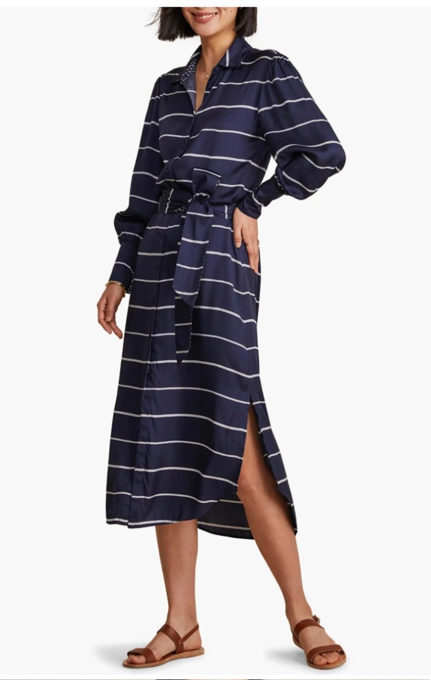 VINEYARD VINES Navy Long Sleeve Silk Blend Twill Midi Shirtdress // M